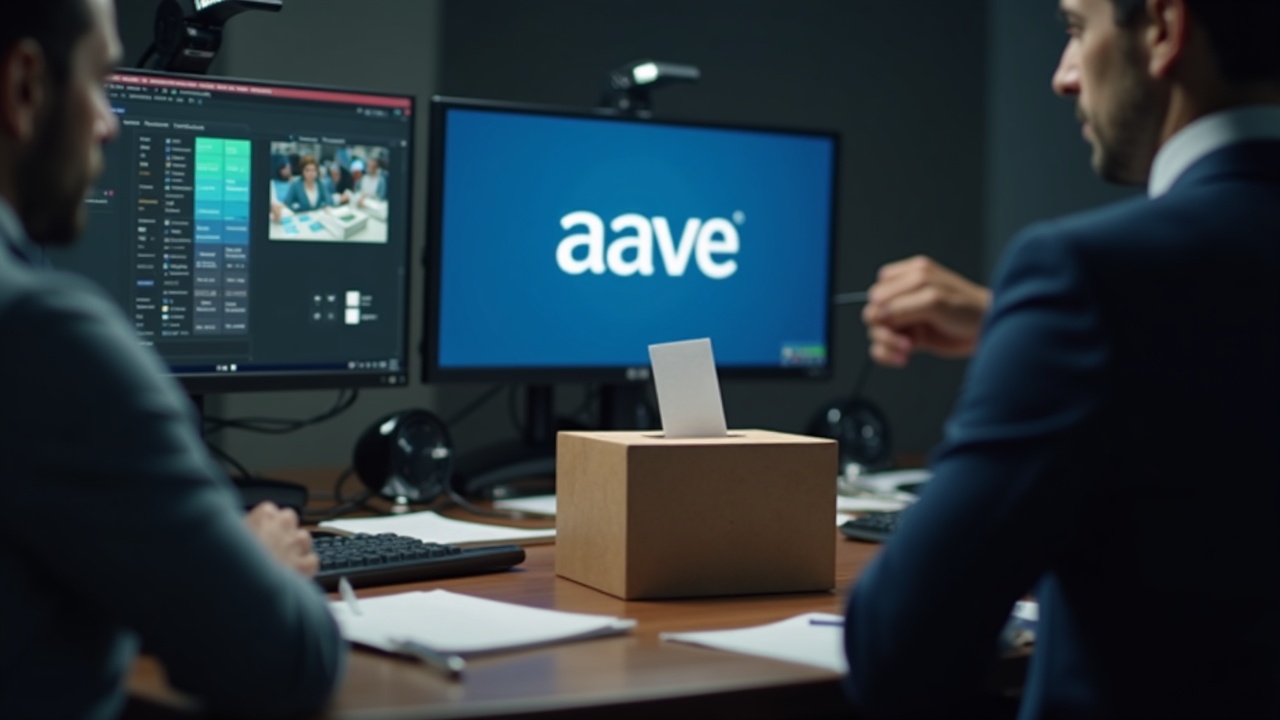 Editorial newsroom scene with ballot box and monitor showing brand-assets dispute and front-end changes.