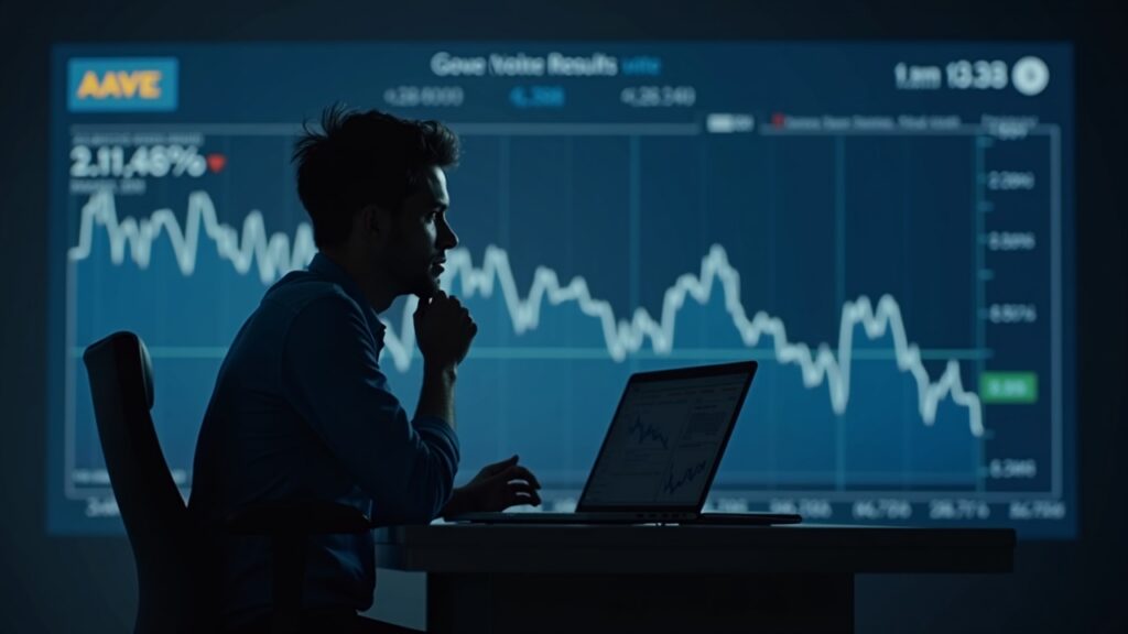 Editorial shot of a focused analyst at a newsroom desk with an AAVE logo, vote results, and a falling price chart.
