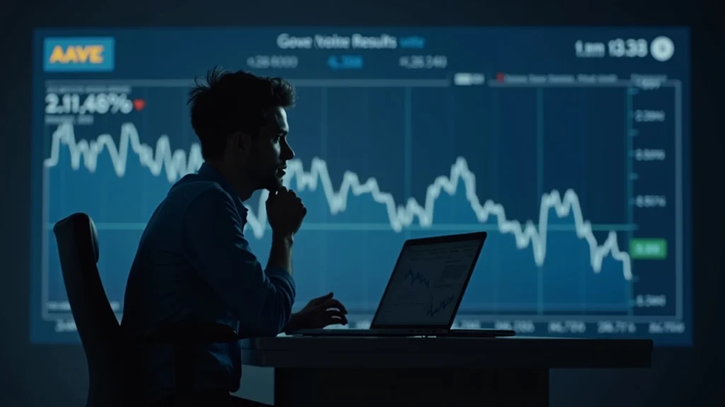 Editorial shot of a focused analyst at a newsroom desk with an AAVE logo, vote results, and a falling price chart.