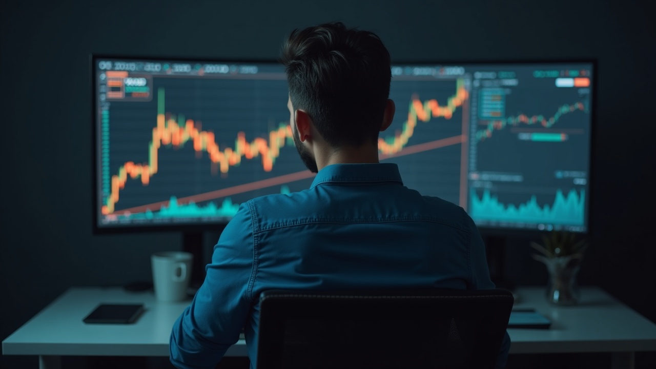 Editorial portrait of a sober trader at a desk, monitor behind shows a memecoin spike and a caution banner.