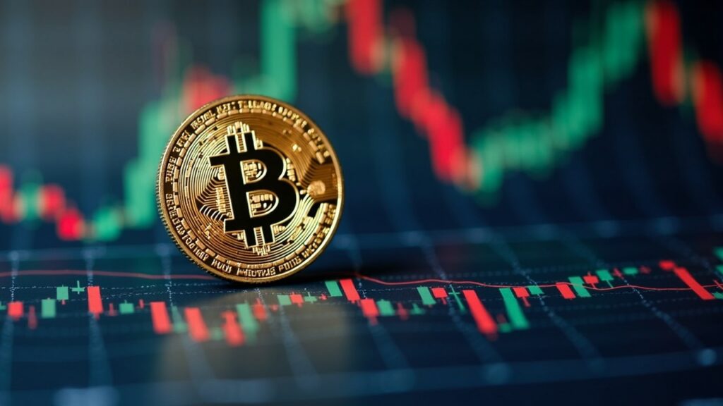 Bitcoin coin with overlaid ETF charts in a newsroom, showing institutional demand and fixed supply guiding a steady decade.