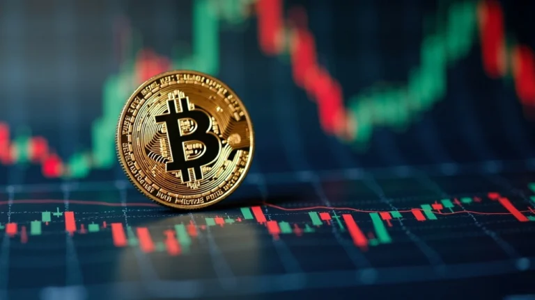 Bitcoin coin with overlaid ETF charts in a newsroom, showing institutional demand and fixed supply guiding a steady decade.