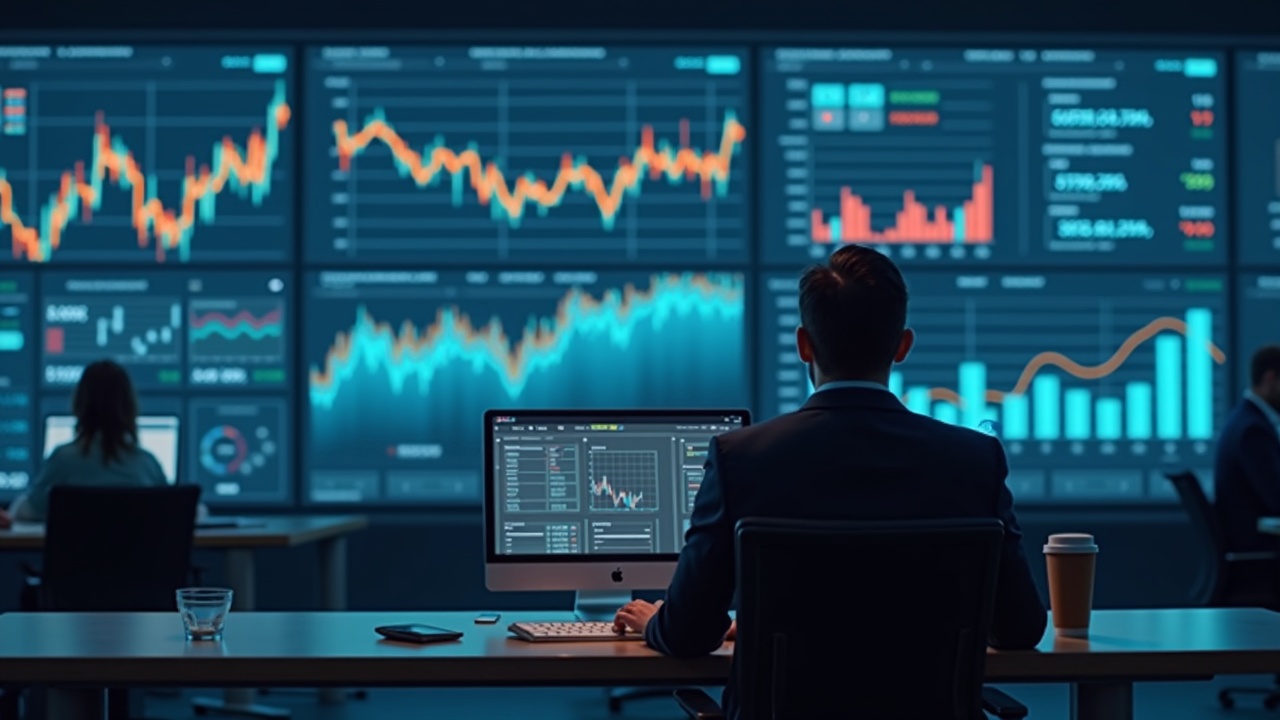 Editorial portrait of a finance executive at a desk, with screens showing tech stocks and AI and stablecoin icons.
