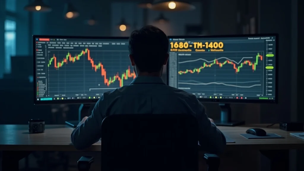 Editorial portrait of an editor at a desk with two monitors showing BTC price, 60% dominance and ETF inflows in a newsroom
