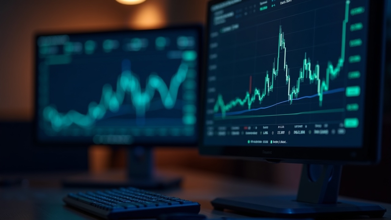 Editorial portrait of a Coinbase trading desk with two monitors displaying event charts and tokenized stock tickers