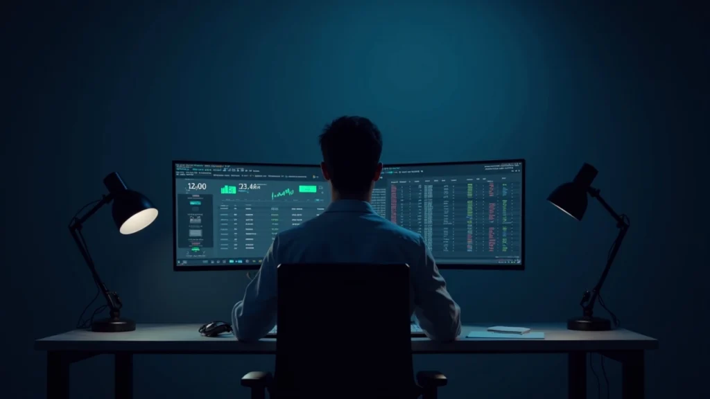 Editorial shot of a trader at a desk with dual monitors, stock tickers, a Kalshi-style yes/no market, and Coinbase branding