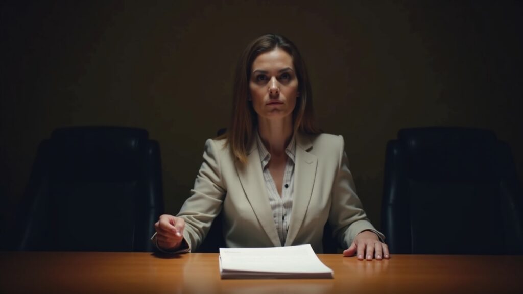 Boardroom scene with a stern executive presenting a consent letter about BNC governance, calm lighting.