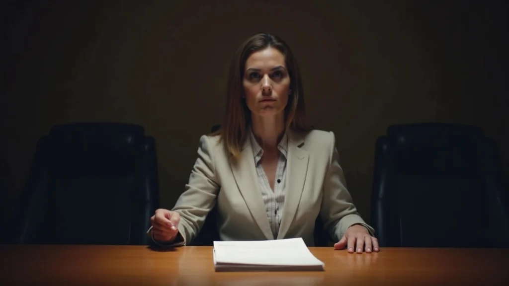 Boardroom scene with a stern executive presenting a consent letter about BNC governance, calm lighting.