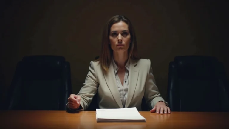 Boardroom scene with a stern executive presenting a consent letter about BNC governance, calm lighting.