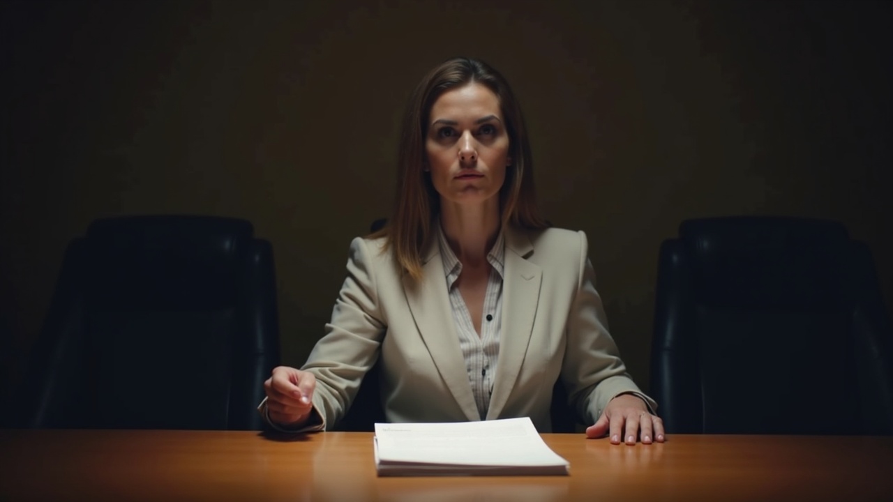 Boardroom scene with a stern executive presenting a consent letter about BNC governance, calm lighting.