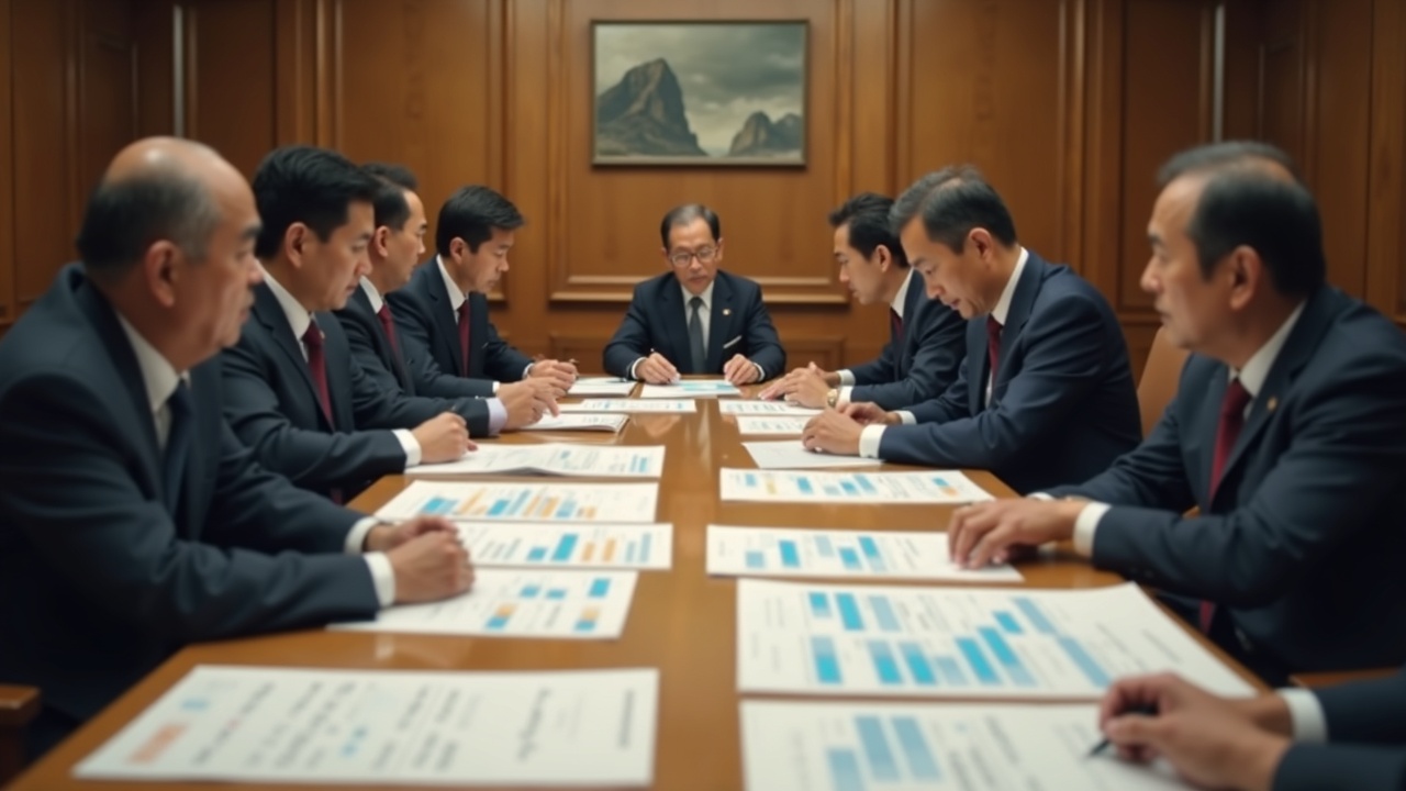 Japanese cabinet officials review tax breaks and subsidies with fiscal documents on a conference table