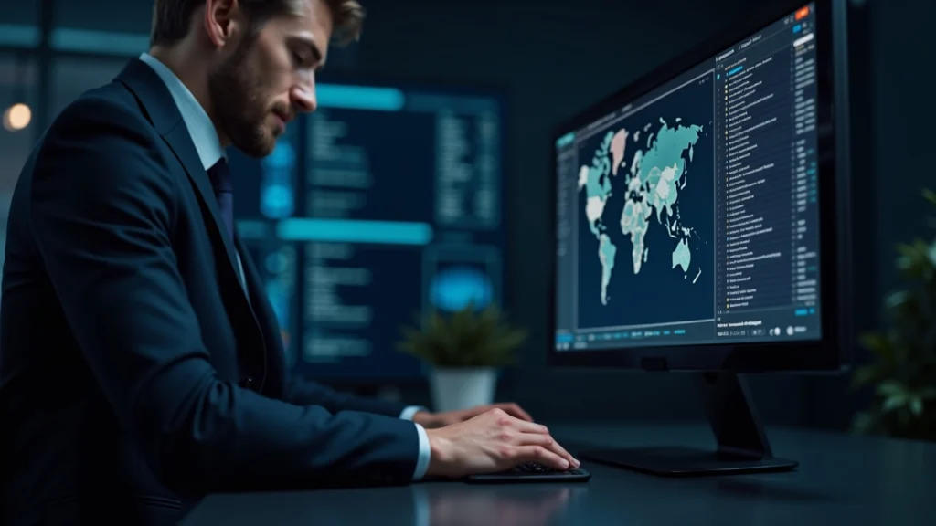 Finance desk with a suited analyst beside screens showing tokenized U.S. Treasuries on the Canton Network ledger, DTCC branding.