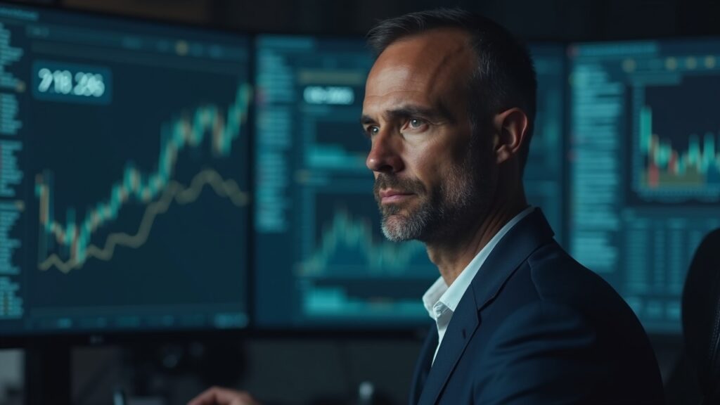Editorial portrait of a stern investor in a newsroom; monitor shows ETH symbol and a rising 2026 trend line.