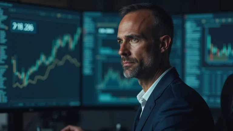 Editorial portrait of a stern investor in a newsroom; monitor shows ETH symbol and a rising 2026 trend line.