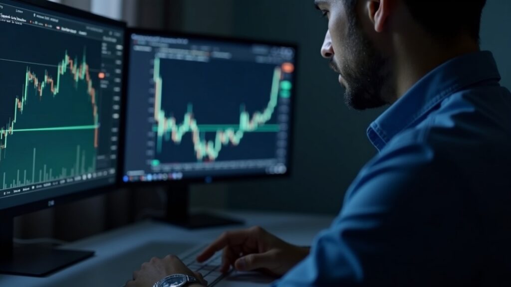 Editorial portrait of a market analyst at a clean desk, monitoring ETH/BTC options data on dual screens.