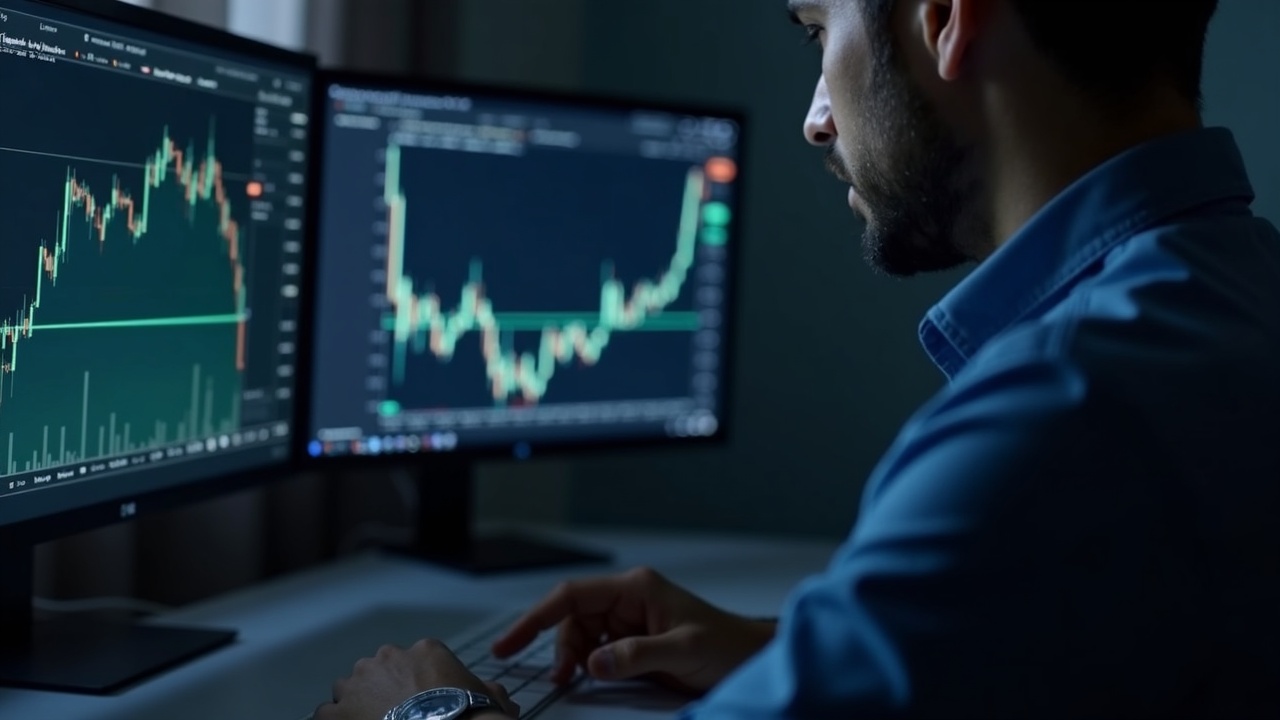 Editorial portrait of a market analyst at a clean desk, monitoring ETH/BTC options data on dual screens.