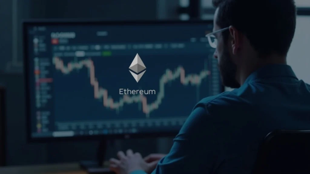 Editorial portrait of a financial analyst at a desk with Ethereum on a monitor and a chart near $3,200.