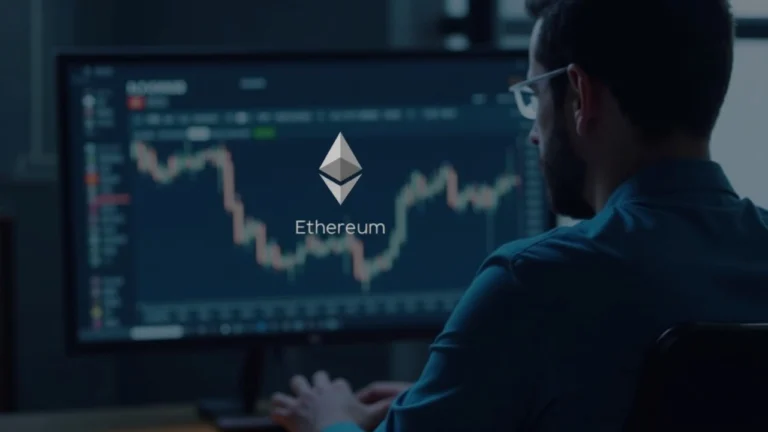 Editorial portrait of a financial analyst at a desk with Ethereum on a monitor and a chart near $3,200.