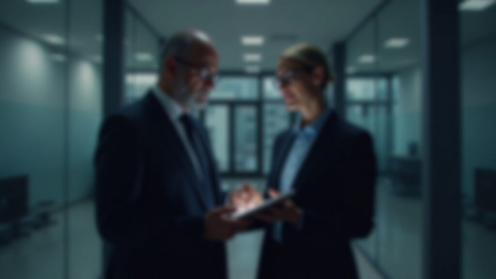 Two suited executives review a tablet displaying tokenized assets in a newsroom-style office.
