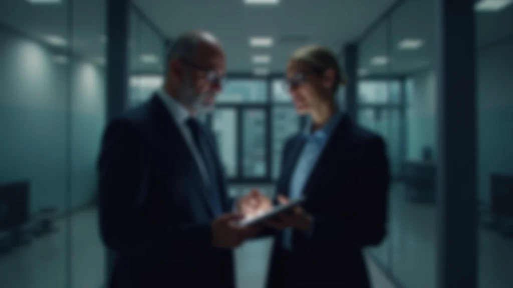 Two suited executives review a tablet displaying tokenized assets in a newsroom-style office.