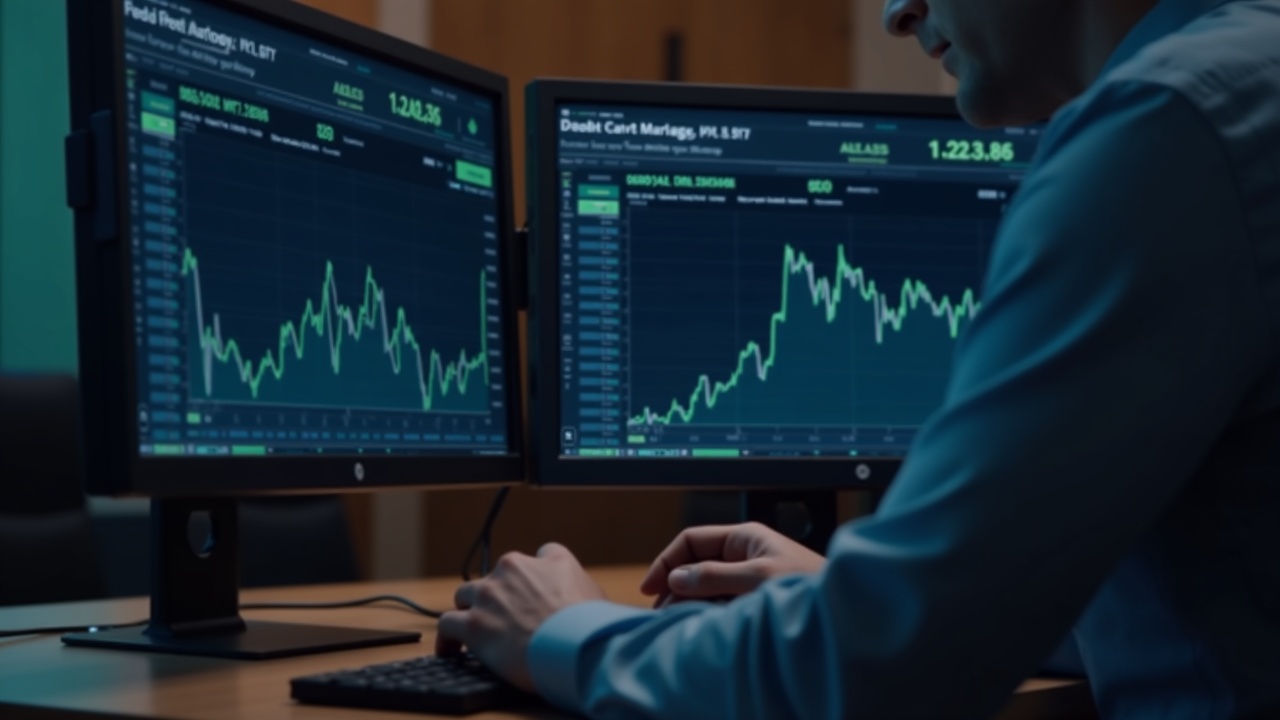 Editorial desk with dual monitors showing crypto charts and a Fed rate-cut headline in neutral newsroom lighting.