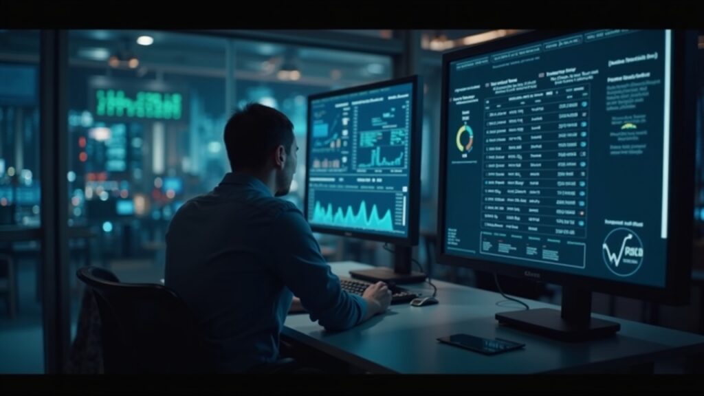 Editorial newsroom scene: financial analyst at a desk with a large screen displaying 163B spot volume and 2.9B TVL.