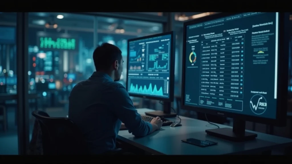 Editorial newsroom scene: financial analyst at a desk with a large screen displaying 163B spot volume and 2.9B TVL.