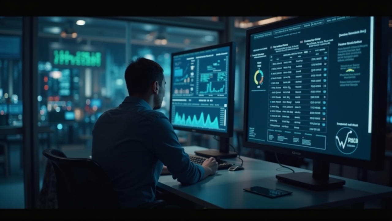 Editorial newsroom scene: financial analyst at a desk with a large screen displaying 163B spot volume and 2.9B TVL.