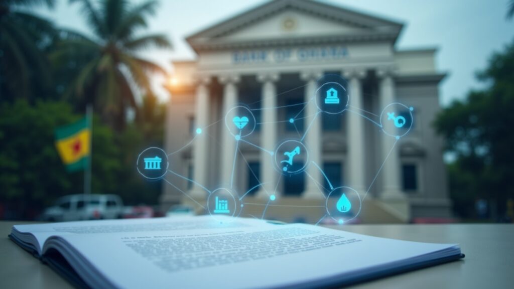 Editorial photo of Bank of Ghana building with digital asset icons and a regulatory document on a desk, Ghana flag.