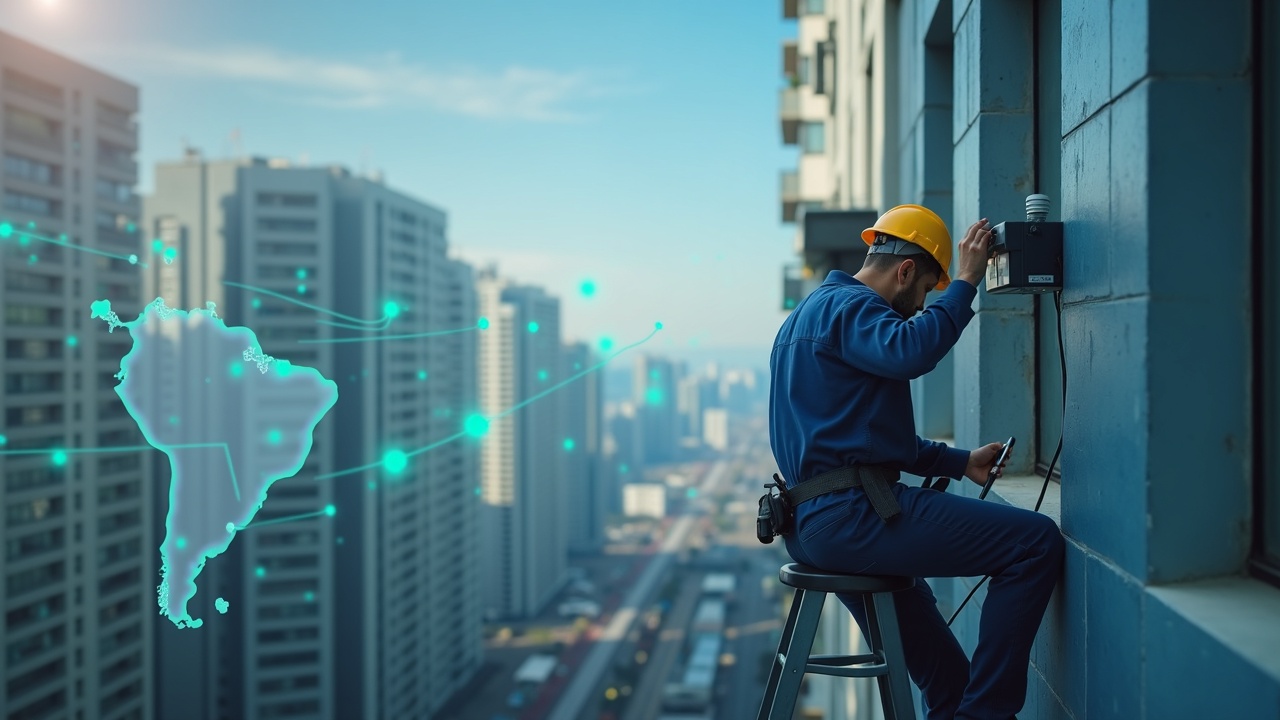 Field technician installs a compact Wi-Fi hotspot on a Brazilian building, with a Brazil map and network lines in the background.