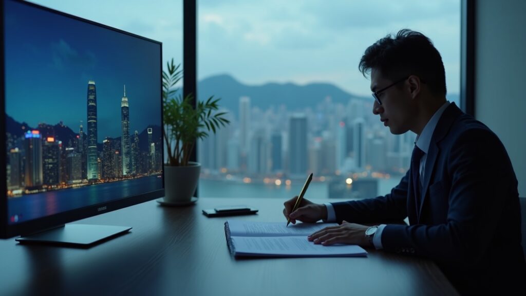 Official reviews CARF tax framework documents at a desk, with a Hong Kong skyline and crypto briefing on monitor.