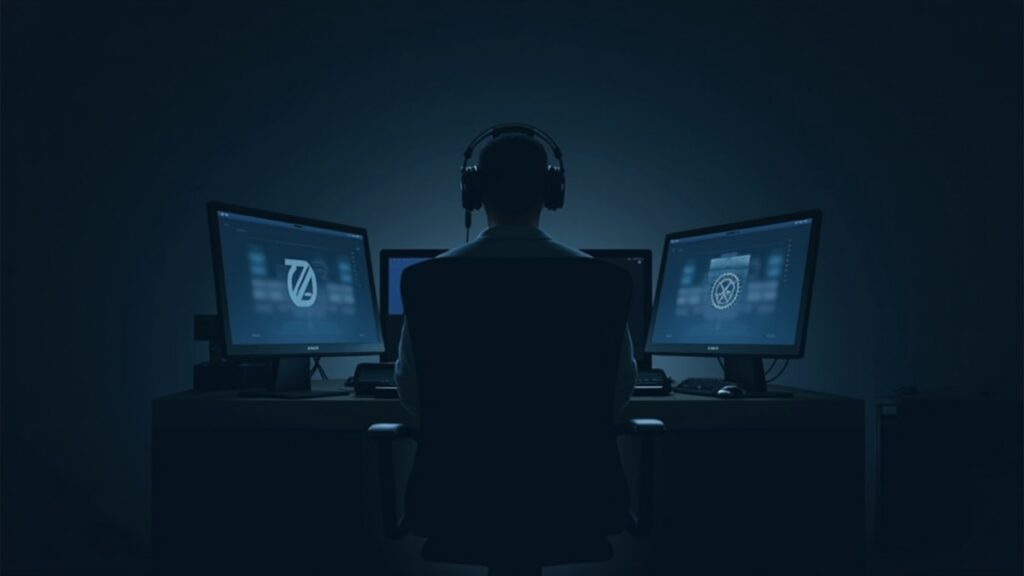 Newsroom portrait: analyst at desk with Base logo and ZEN ERC-20 icon, signaling Horizen launch.