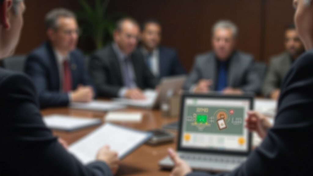Editorial conference room showing IMF-El Salvador talks, Chivo documents, and a laptop displaying Bitcoin.