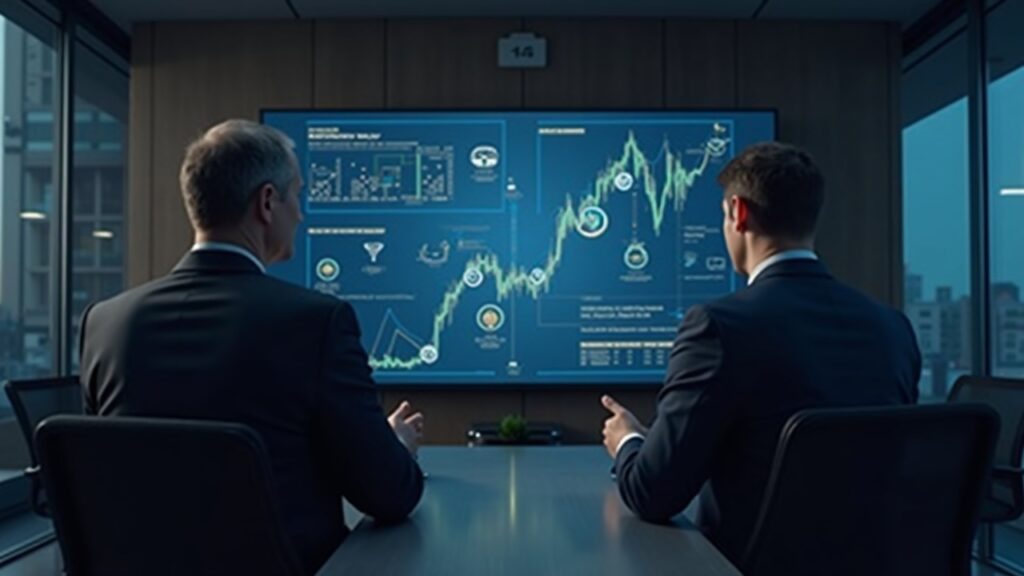 Two senior executives in a bank-style office review a large screen displaying crypto icons and charts.