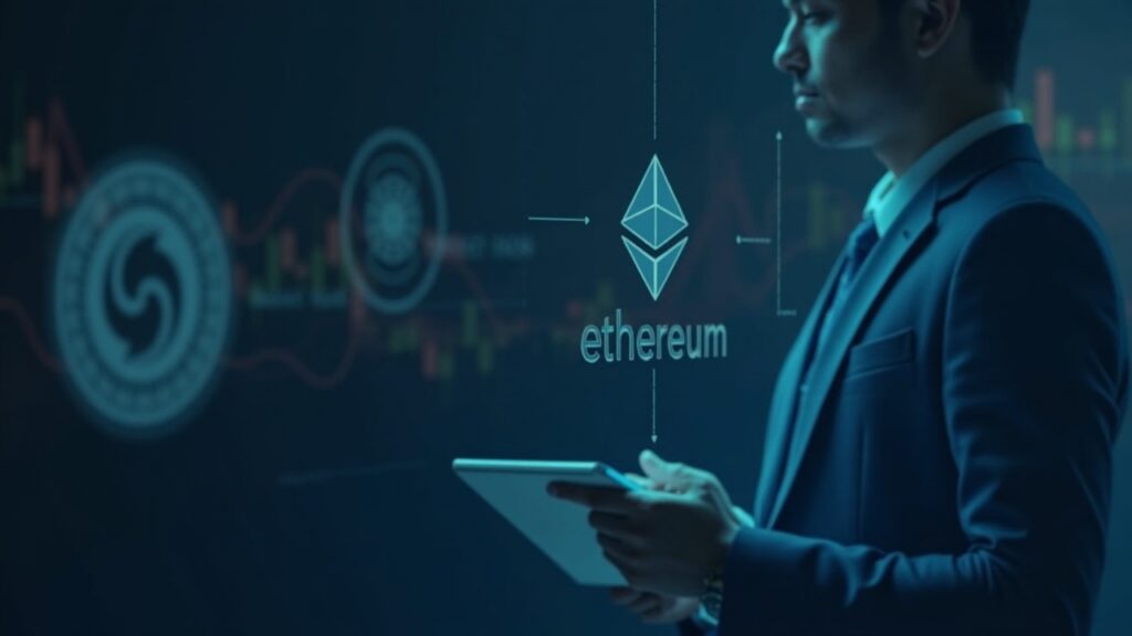 Editorial portrait of a financial professional in a suit, with a screen showing Ethereum and a tokenized money market icon.