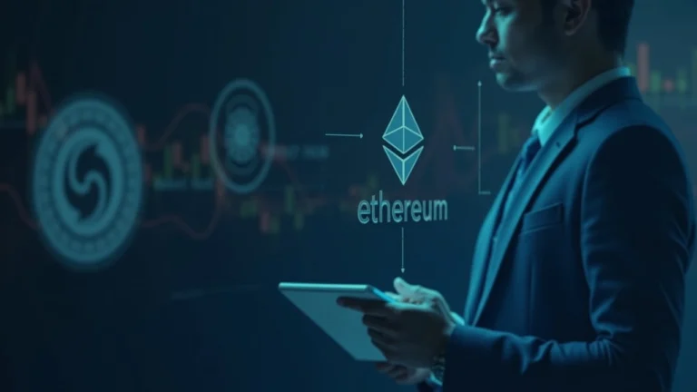 Editorial portrait of a financial professional in a suit, with a screen showing Ethereum and a tokenized money market icon.