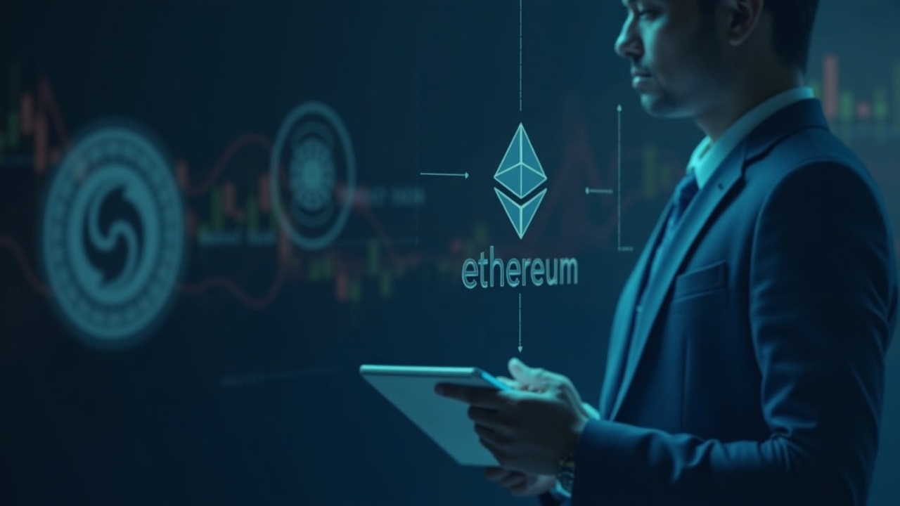 Editorial portrait of a financial professional in a suit, with a screen showing Ethereum and a tokenized money market icon.