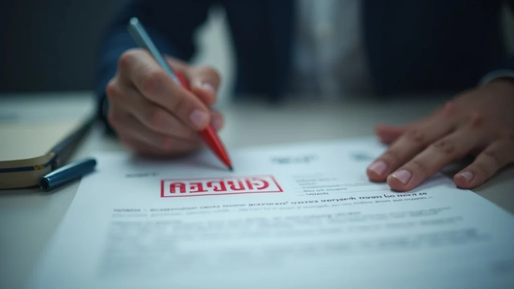 Center-focused regulator reviews Korbit AML compliance documents with a red disciplinary stamp in a newsroom.