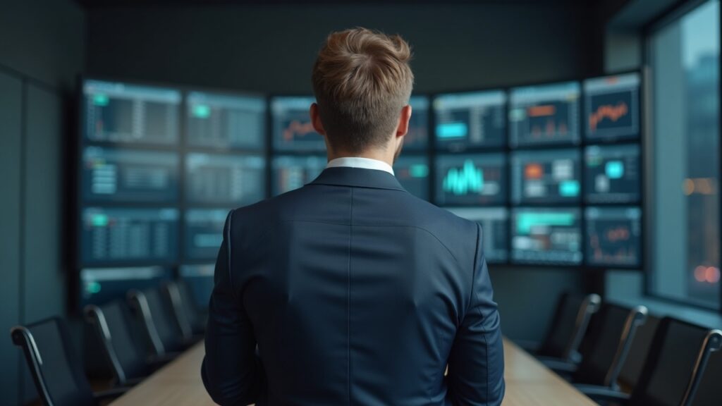 Editorial portrait of a Kraken relationship manager in a suit at a modern office with market screens