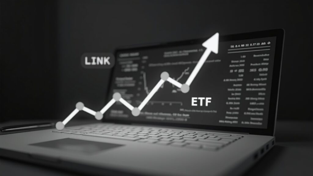 Editorial newsroom desk with a rising chart highlighting LINK and ETF inflow data in grayscale