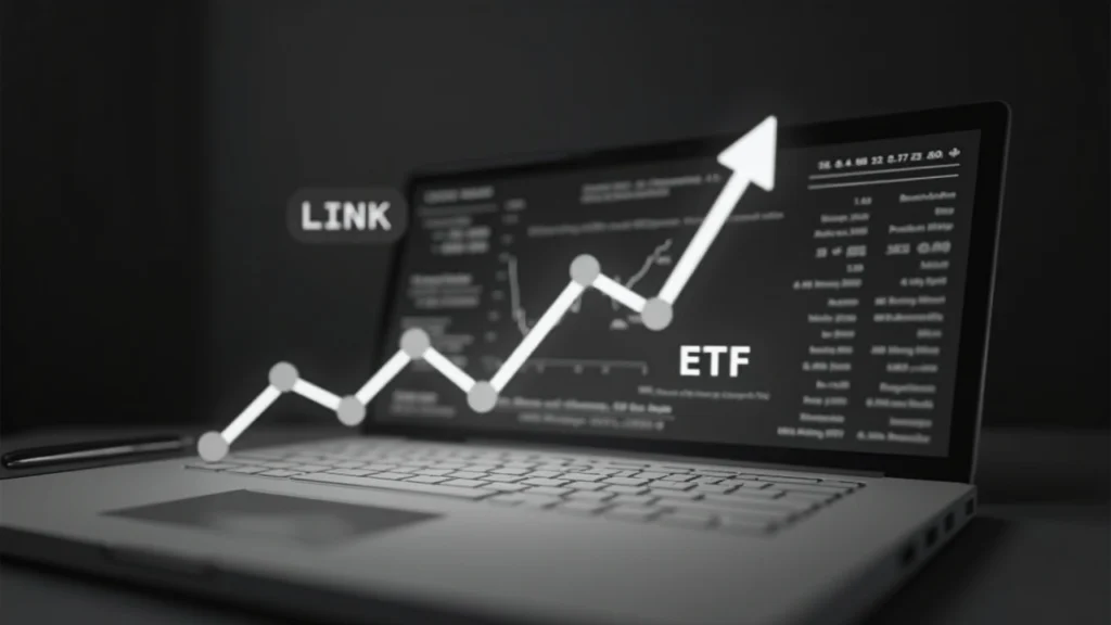 Editorial newsroom desk with a rising chart highlighting LINK and ETF inflow data in grayscale