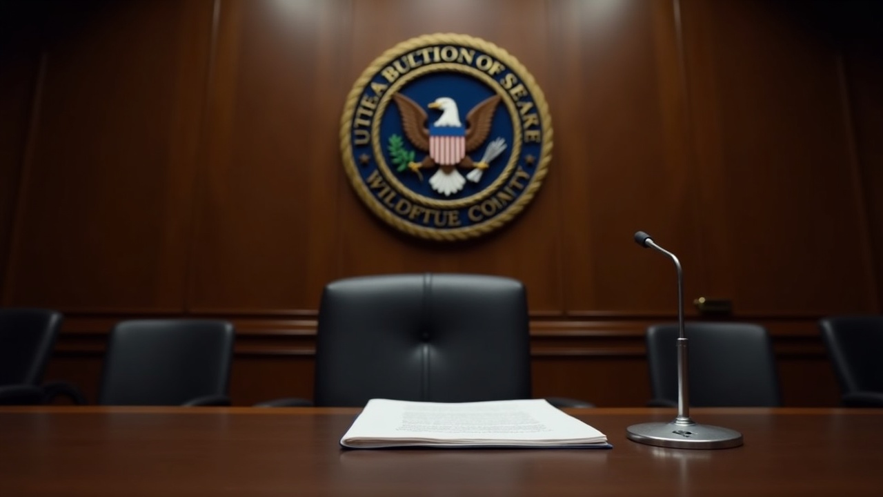Editorial photo of a congressional hearing room with an SEC seal, desk microphone, and documents under somber lighting