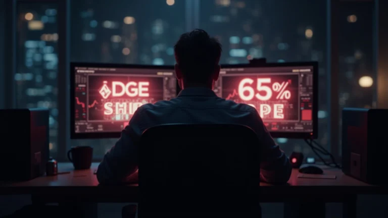 Somber trader at a dim newsroom desk with screens displaying red DOGE SHIB PEPE logos and a 65% decline marker.