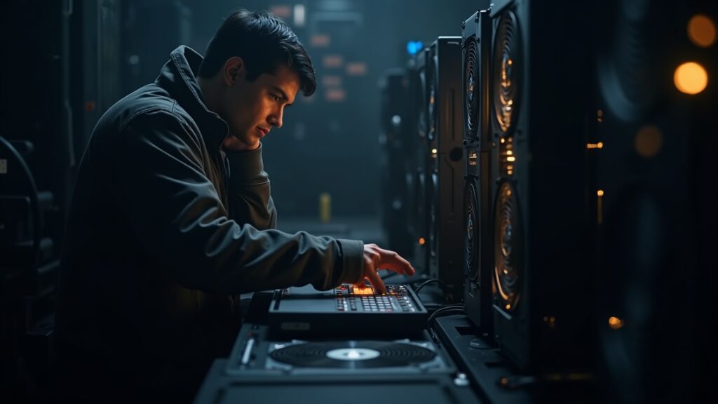 Editorial photo of a Bitcoin mining facility with powered-down rigs and a focused technician, signaling miner capitulation.