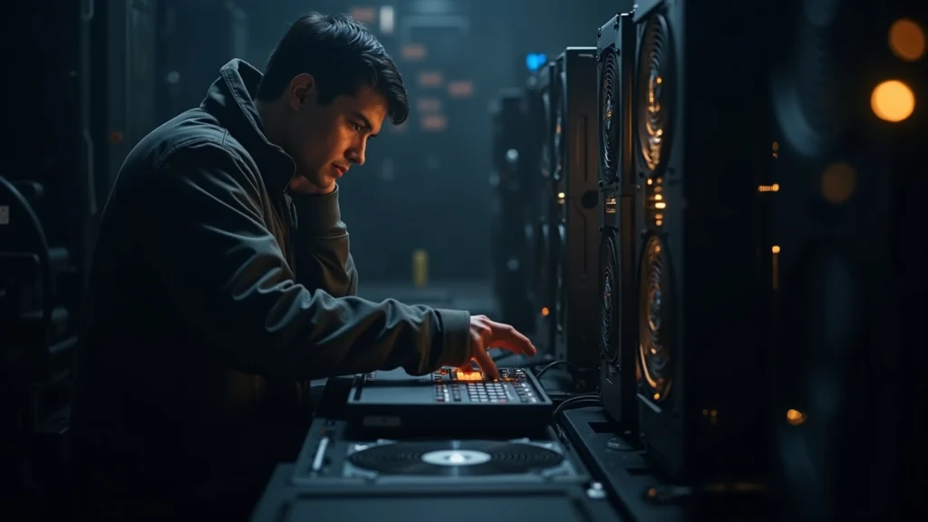 Editorial photo of a Bitcoin mining facility with powered-down rigs and a focused technician, signaling miner capitulation.