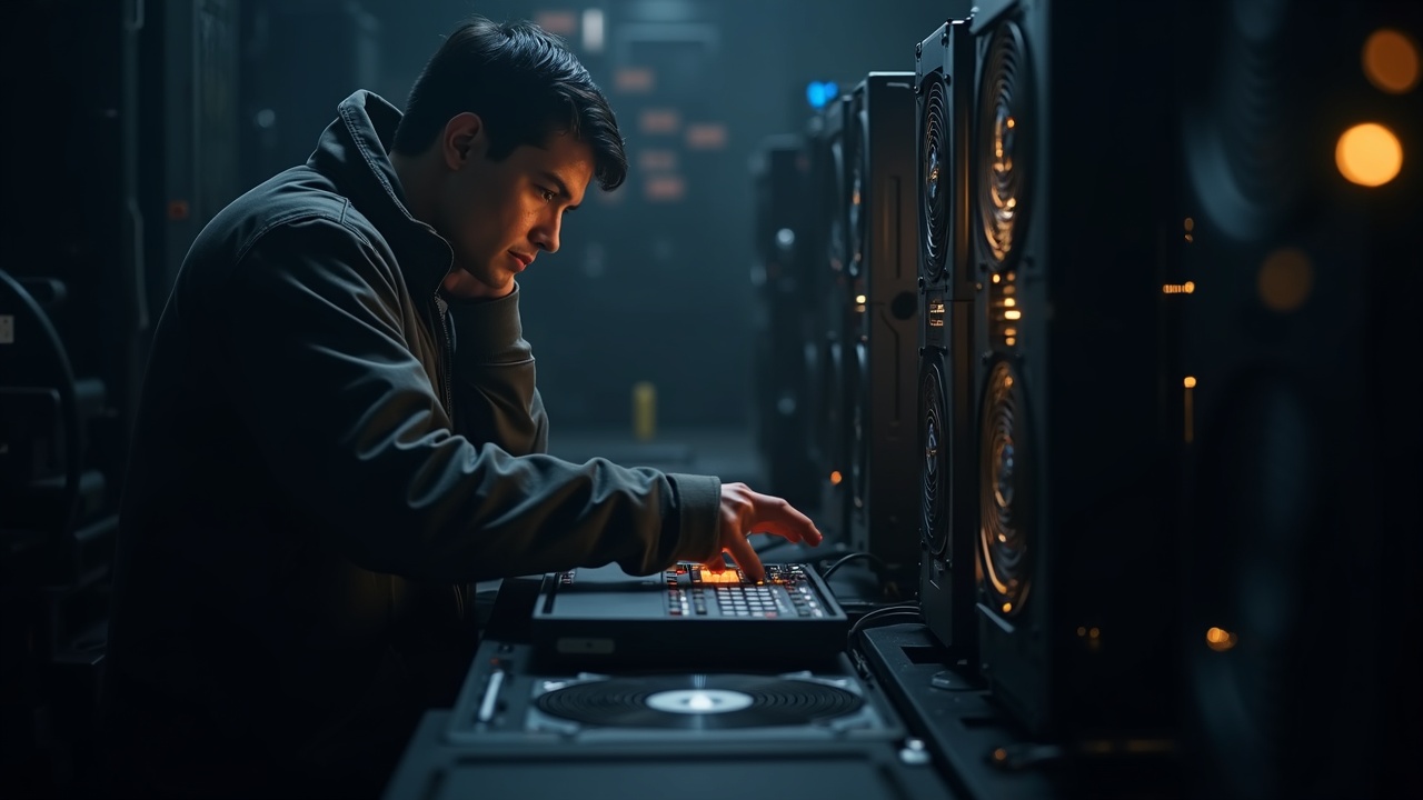 Editorial photo of a Bitcoin mining facility with powered-down rigs and a focused technician, signaling miner capitulation.