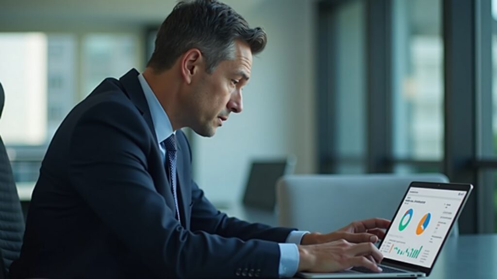 Executive in suit reviews on-chain RWA dashboard on laptop in a modern, compliant office.