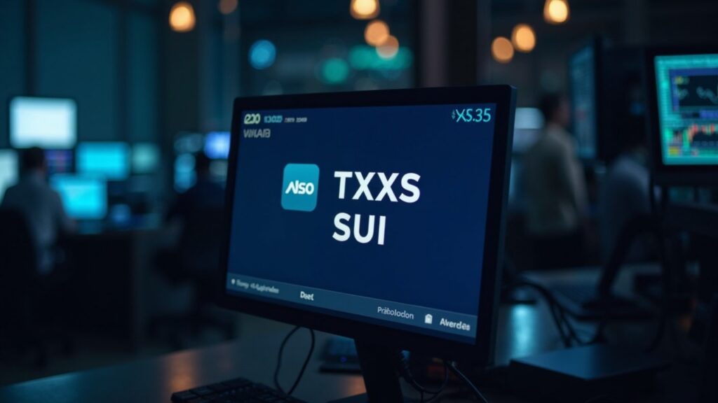 Editorial desk with central screen showing Nasdaq TXXS ticker and SUI logo, highlighting 2x leverage.