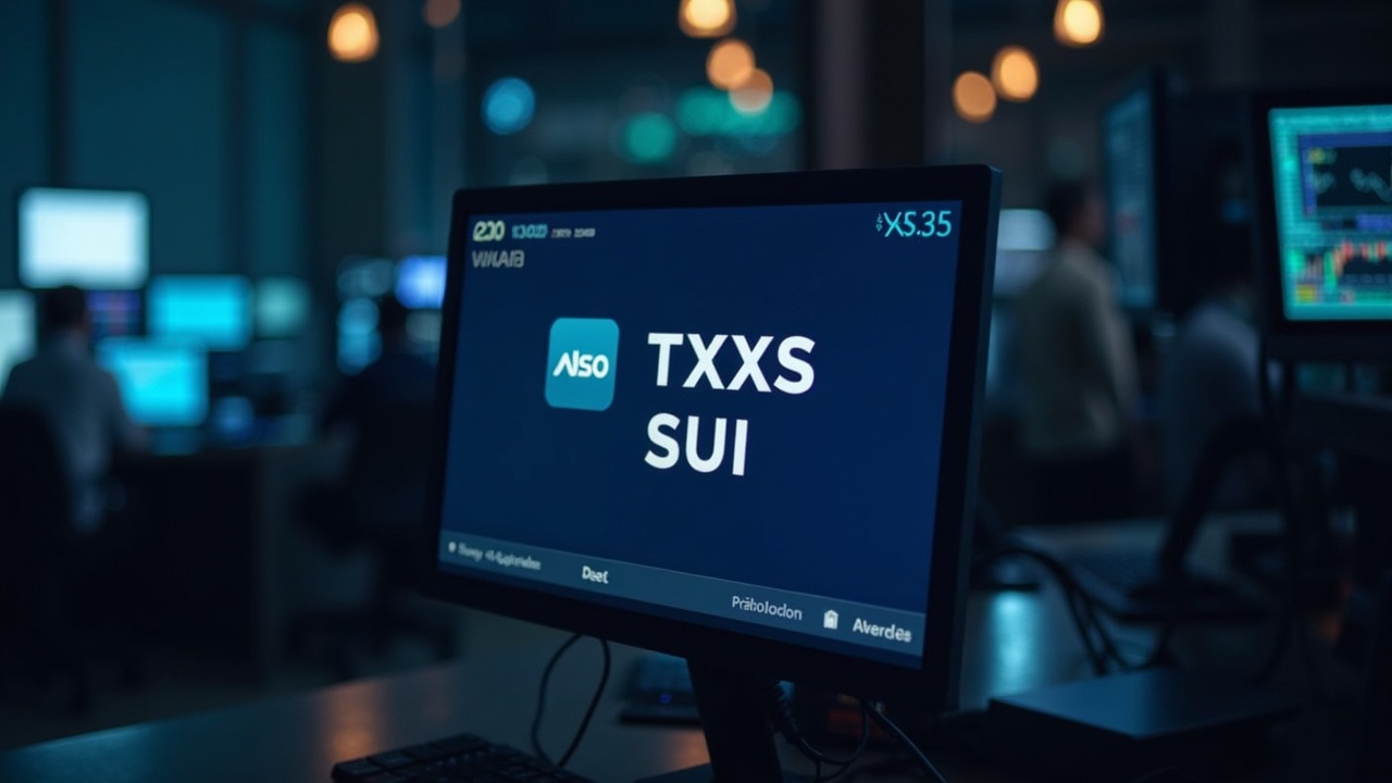 Editorial desk with central screen showing Nasdaq TXXS ticker and SUI logo, highlighting 2x leverage.