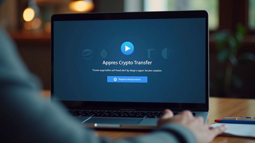 Laptop displaying a Zoom-style video call with a fraud alert prompting crypto transfer approval.